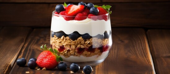 Aufkleber - A summery layered dessert with yogurt oat multi grain granola and fresh strawberries and blueberries on a wooden table with a background suitable for copy space image