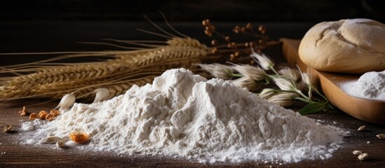 Poster - Copy space image of flour and various ingredients used for making dough including those needed for baking pizza bread and other bakery goods