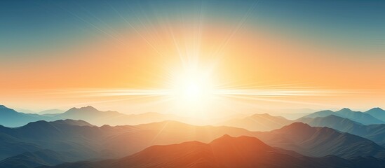 Poster - A stunning landscape of mountains with a vibrant sunset and sun rays creating a special circular area for text The image includes a blurred effect for copy space