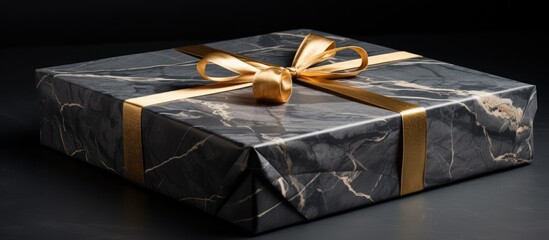 Aufkleber - On the special occasion adorn a large golden gift box Set it against a black marble surface with a gray background providing ample space for additional elements in the image