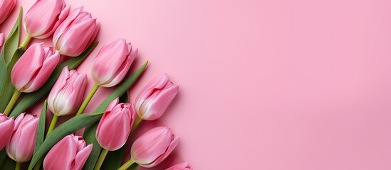 Poster - Easter themed tulip flowers placed on a pink background providing ample copy space for any text The arrangement is laid out flat adding to the overall visual appeal