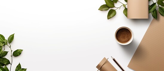 Aufkleber - Minimalistic eco themed flatlay of a brown design office setup featuring recycled stationery coffee cups and a white table background with ample empty space for showcasing an image Depicting the conc