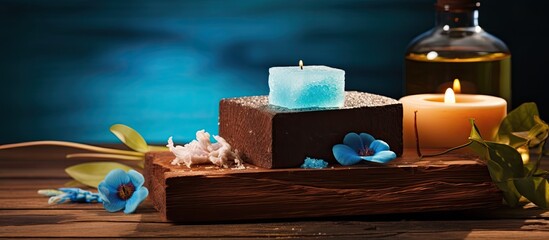 Poster - Spa relaxation and wellness procedures captured in an aesthetic still life featuring a handmade soap on a beautiful wooden background a captivating copy space image