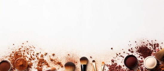 Poster - Copy space image featuring a flat lay composition on a white background with eyebrow henna professional tools and cosmetic products leaving room for text