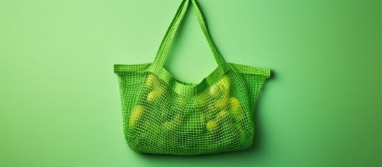 Poster - A durable and vibrant ecological mesh bag for carrying and storing products such as greens and other items The view from above against a bright background offers ample copy space