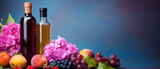 Poster - Colorful composition featuring a bottle of essential oil ripe grapes and vibrant peony flowers set against a captivating background Perfect for copy space images