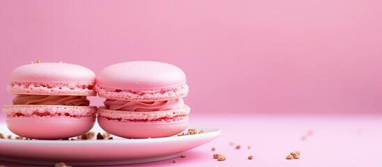 Poster - A pink macaron dessert cake made with sweet almond and French cookie placed on a trendy pink pastel background The minimal food bakery concept is emphasized through the use of a flat lay top view and