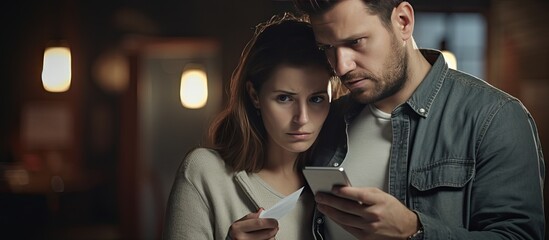 Poster - A young married couple grows anxious as they struggle with increasing bills They anxiously hold a smartphone in a close up photo with a blurred background It is a mockup image. Creative banner