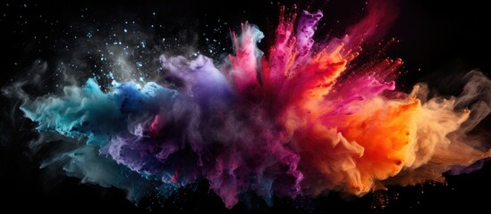 Poster - An artistic image capturing the vibrant explosion of colored powder and glitter in the air against a dark backdrop Perfect for a copy space image