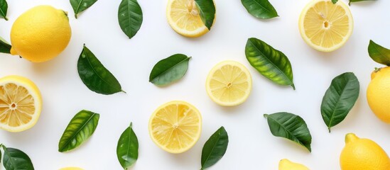 Wall Mural - Fresh organic yellow lemon fruit with slice and green leaves isolated on white background - captured from above in a flat lay position.