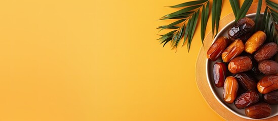 Poster - A traditional Ramadan snack ripe dates are showcased as a sweet treat on a light orange background The flat lay features palm leaves providing copy space for text