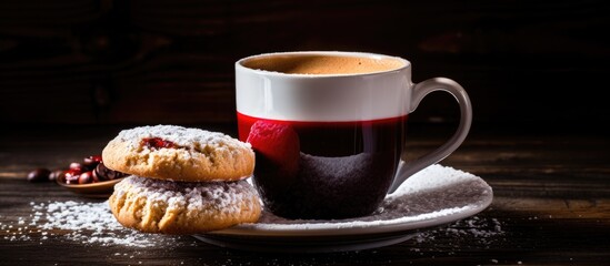 Poster - Enjoy a delightful cup of coffee accompanied by delicious cookies topped with jelly cream and powdered sugar Be sure to leave space for the perfect copy space image