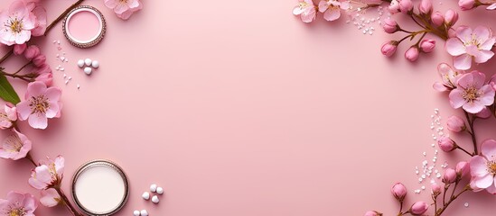 Poster - Pink decorative cosmetics frame with lipstick eyeshadow and small rose flowers arranged on a pink background providing a captivating top view copy space image