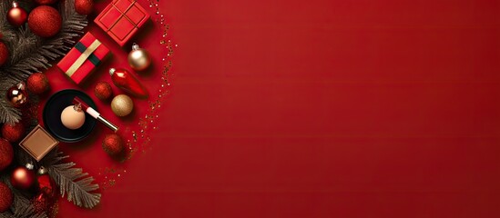 Poster - A flat lay of decorative cosmetic products arranged in the shape of a Christmas tree on a red background creating a festive and wintery scene with space for text. Creative banner. Copyspace image