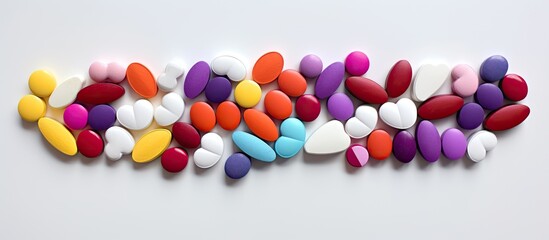 Aufkleber - A pile of vibrant heart shaped pills tablets and capsules is displayed on a white background This visually represents a drug prescription for health care treatment providing a top down view with ampl