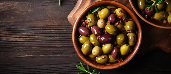Wall Mural - A top down view of an appetizer featuring olives soaked in flavorful cold pressed olive oil The dish perfectly aligns with the keto or paleo diets adding a delightful touch to any menu concept The im