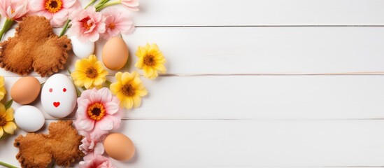 Sticker - Top view of a homemade Easter greeting card featuring fresh tulip flowers Gingerbread cookies shaped like Easter eggs a chicken hen bunny and flowers arranged beautifully on a white plate The image h