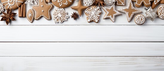 Aufkleber - Christmas gingerbread cookies arranged in a frame on a white wooden background providing copy space for text Perfect for holiday projects celebrations and cooking themed concepts Ideal for creating N