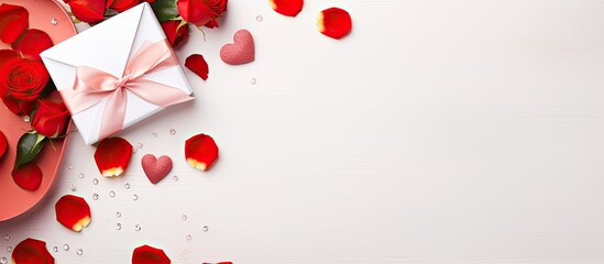 Poster - The Valentine s Day greeting card is adorned with festive red accessories providing a frame for text The image offers copy space and is showcased in a flat lay top down view