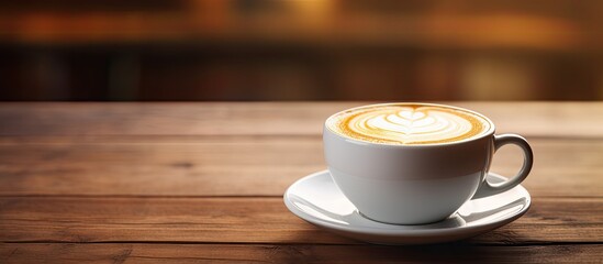 Wall Mural - The image displays a vintage looking cup of latte coffee left untouched on a wooden table with ample empty space for copying or adding elements