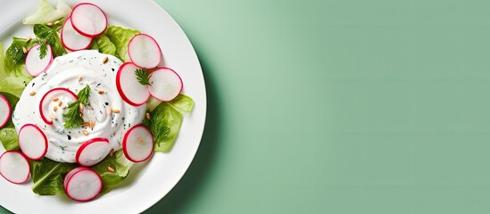 Aufkleber - Top view of a vegetarian salad on a ceramic plate featuring fresh radish green onion and a dollop of tangy sour cream Includes copy space image