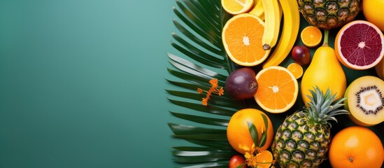 Aufkleber - Tropical summer vibes with vibrant palm leaves and exotic fruits on a colorful backdrop Perfect for capturing the essence of summertime Top down view ideal for showcasing with plenty of space for cus