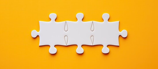Poster - The copy space image showcases a white jigsaw puzzle from a top view missing its final piece with a vibrant orange or yellow background visible