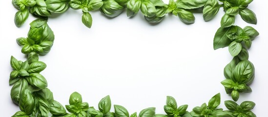 Poster - Isolated on a white background there is a botanical picture featuring a frame adorned with basil leaves creating a visually appealing copy space image