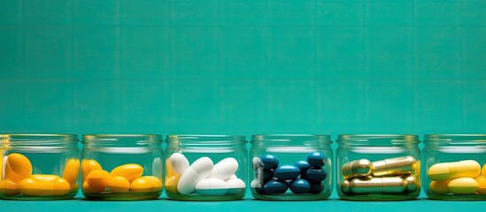 Aufkleber - Colorful medicine pills or capsules in green and yellow hues are placed on a vibrant blue background providing ample copy space These pharmaceuticals are prescribed for treatment purposes and are con