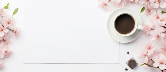 Fototapete - A feminine workspace with a homework desk adorned with pink flowers coffee and stationery A top view on a white background allows for copy space image placement