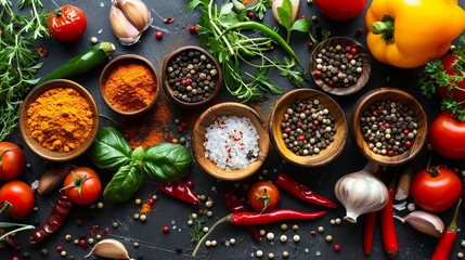 Aufkleber - A variety of spices and fresh vegetables are displayed on a kitchen table. The image includes small bowls of spices, red and yellow bell peppers, tomatoes, onions, and fresh herbs. Generative AI
