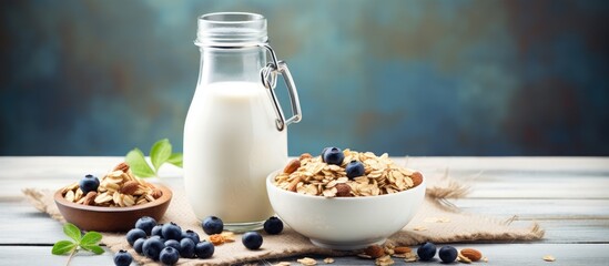 Poster - A healthy breakfast of homemade muesli topped with blueberries and served with milk in a decorative jug on a vintage slate table Copy space image