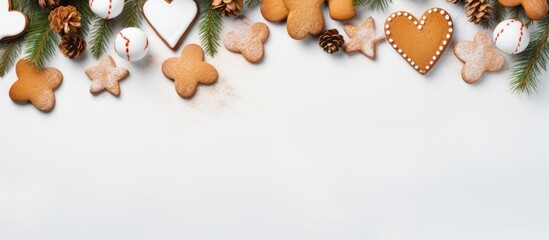 Aufkleber - Closeup of delicious heart shaped gingerbread cookies and Christmas decorations beautifully arranged on a white marble table with plenty of space available for text in the image. Creative banner