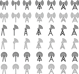 Poster - Set of Wireless cellular, cell signal, radio network antenna flat art icons editable stock. Tower designs. Telecommunication data network sign. Transmitter receiver isolated on transparent background.