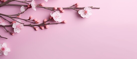 Poster - A spring themed composition for Easter holidays featuring willow branches on a pastel pink backdrop The image is flat lay with a top view providing copy space