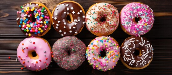 Poster - There is a top down view of a variety of colorful donuts with sweet icing sugar and glazed sprinkles on a wooden table Some of the donuts are topped with chocolate frosting Ample copy space is availa