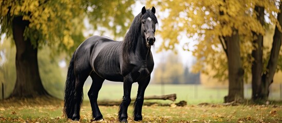 Dark haired horse on a farm also known as a black pony is peacefully grazing in a park providing a picturesque image with copy space 186 characters