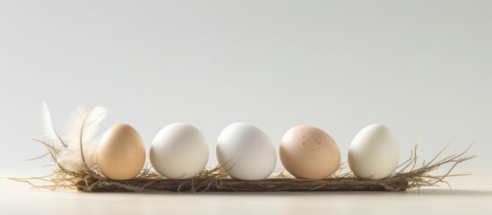 Poster - A rustic copy space image of farm fresh free range white chicken eggs displayed in egg cups with authentic feathers on a light background promotes the idea of natural healthy nutrition from rural dai