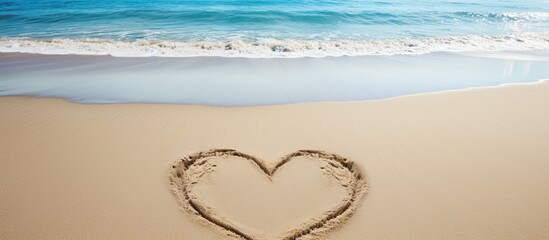 Poster - A heart shaped drawing etched on a sandy beach with a serene ocean in the background and a top down perspective offering ample space for accompanying text