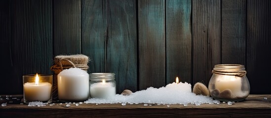 Aufkleber - A serene and enchanting image with sea salt candles and a rustic wooden backdrop perfect for advertising or design projects Ideal copy space image