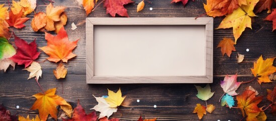 Poster - A fall themed wooden photo frame adorned with dry maple leaves and confetti is placed on colored paper creating a festive atmosphere The top view shot allows for potential copy space