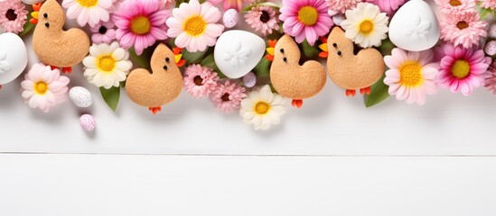 Aufkleber - Top view of a homemade Easter greeting card featuring fresh tulip flowers Gingerbread cookies shaped like Easter eggs a chicken hen bunny and flowers arranged beautifully on a white plate The image h