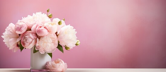 Sticker - A beautiful bouquet of pink peonies and roses rests in a vase elegantly displayed against a soft pink backdrop The concept showcases a card with pastel colors leaving ample space for text or other el