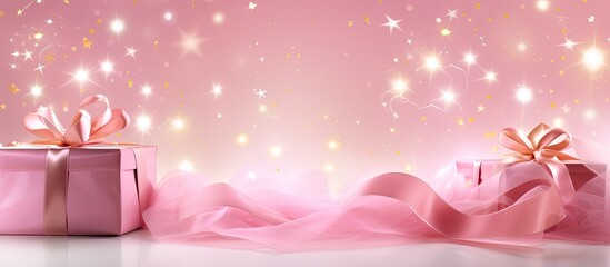 A charming pink background filled with delicate pastel colors satin ribbons and sparkling golden stars This image captures the essence of a baby girl s birthday celebration or a ballet themed event l