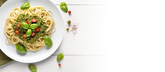 Poster - A view from the top of a white background shows a copy space image of Italian spaghetti garnished with homemade basil pesto and parmigiano creating a healthy and delicious meal