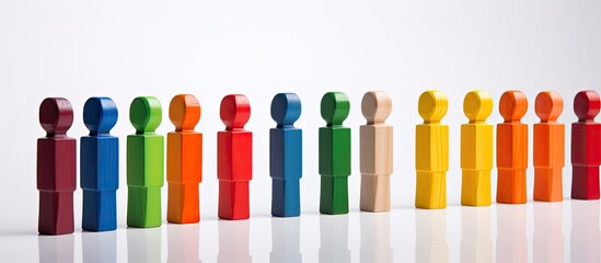 Aufkleber - Colorful wooden figurines arranged in a row displaying a vibrant rainbow palette stand against a white background providing ample copy space for additional elements