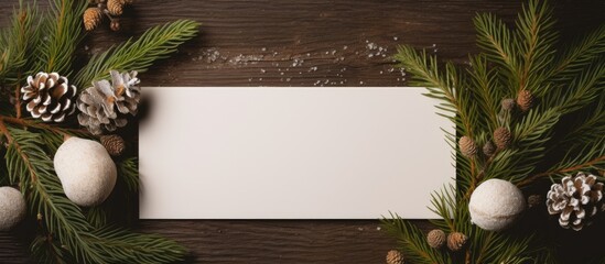 Poster - A creative flat lay mock up scene featuring a nature inspired New Year s concept with a Christmas tree branch and a paper card note for a Christmas blank greeting card. Creative banner