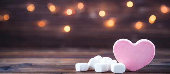 Aufkleber - A heart shaped marshmallow on a dark wooden background creates a sweet and romantic ambiance perfect for expressing love or celebrating Valentine s Day The image offers plenty of copy space to add pe