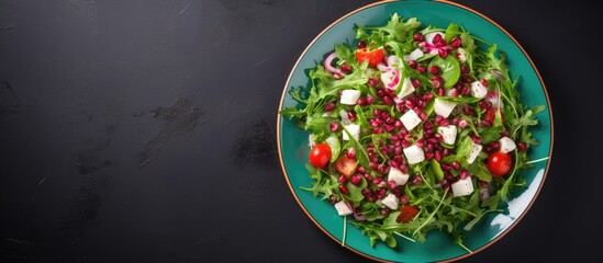 Poster - A colorful salad with arugula feta cheese red onion tomato and pomegranate seeds adorns a green plate in a restaurant view from above Copy space image