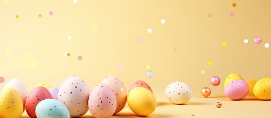 Aufkleber - A joyful Easter themed background with colorful painted eggs on a modern yellow pastel backdrop This festive image includes space for text and captures the concept of happy Easter holidays and egg hu